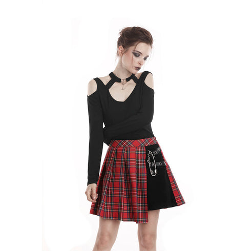Punk red big pin pleated plaid skirt KW135RD