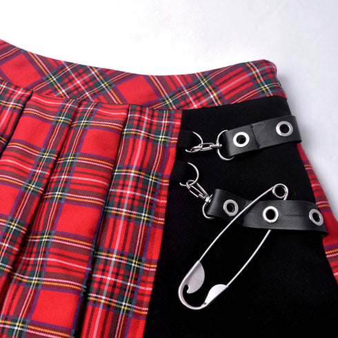 Punk red big pin pleated plaid skirt KW135RD