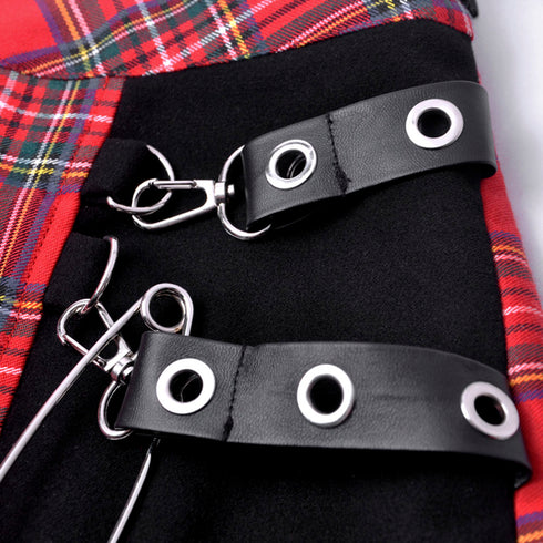 Punk red big pin pleated plaid skirt KW135RD
